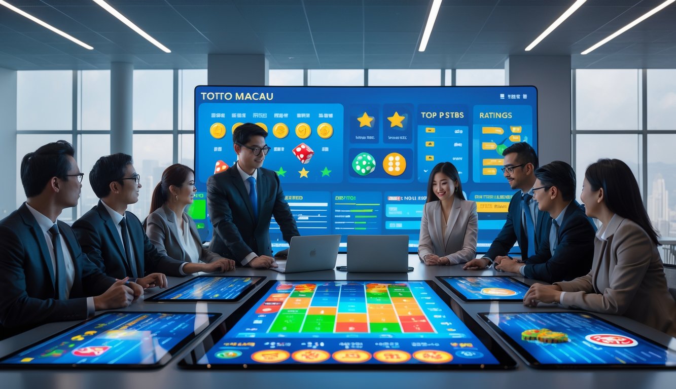 Sekelompok profesional sedang berdiskusi di sekitar meja digital dengan grafik dan ikon permainan kasino di kantor modern.