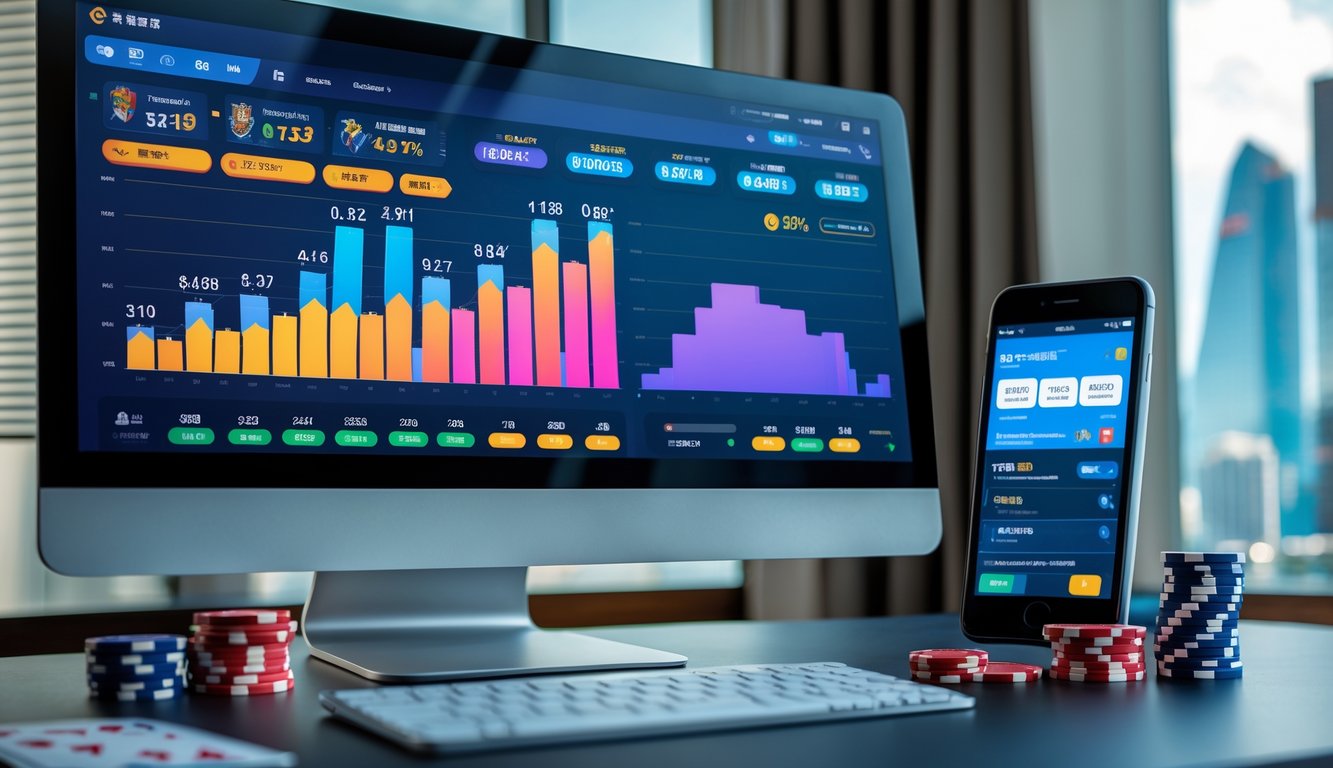 Meja kerja modern dengan komputer menampilkan grafik rating situs permainan online, dengan chip poker dan kartu remi di atas meja serta pemandangan kota Macau di latar belakang.