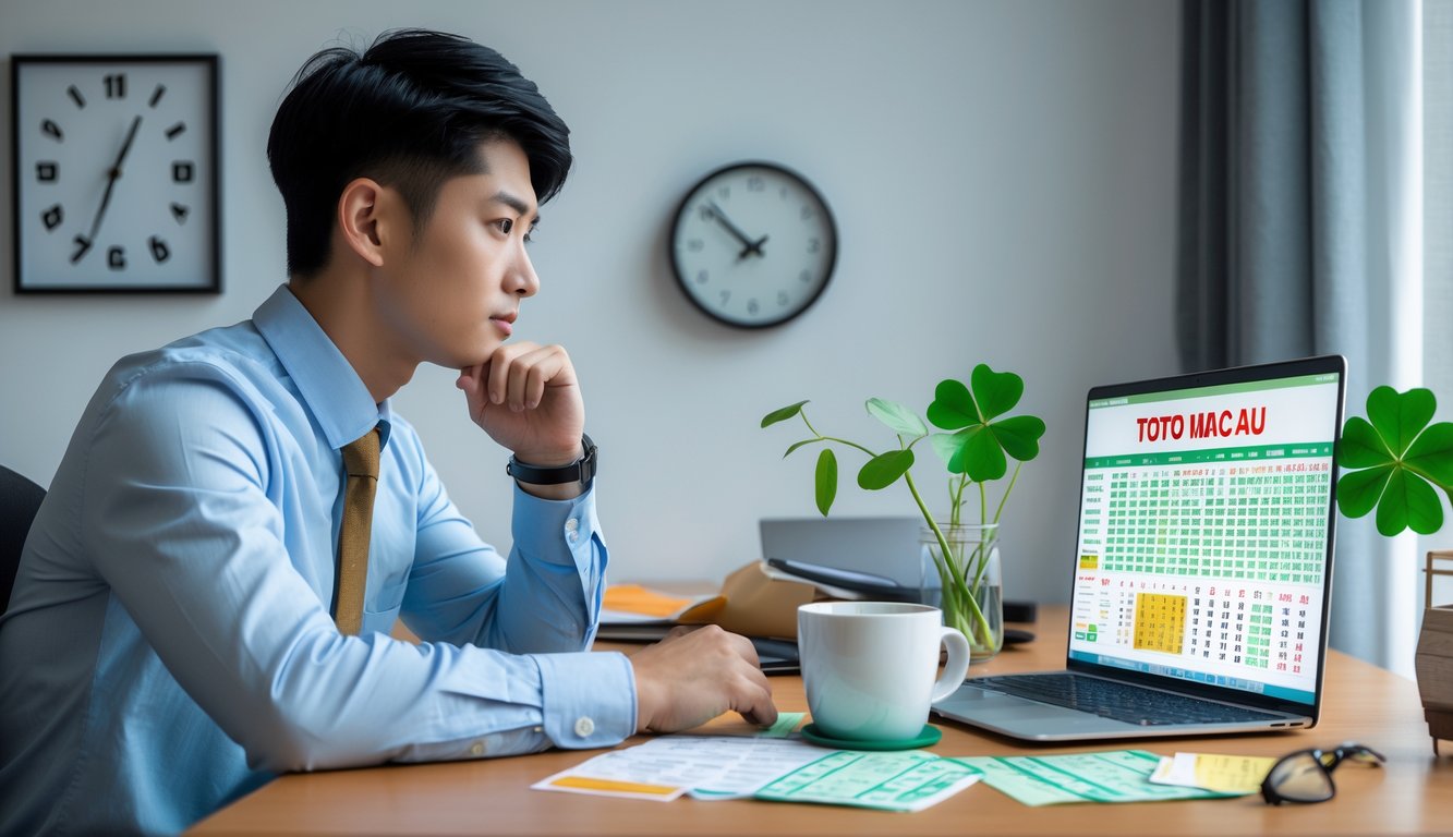 Seorang pria muda Asia duduk di meja modern sambil menganalisis tiket lotere dan grafik Toto Macau dengan laptop dan catatan di sekitarnya.