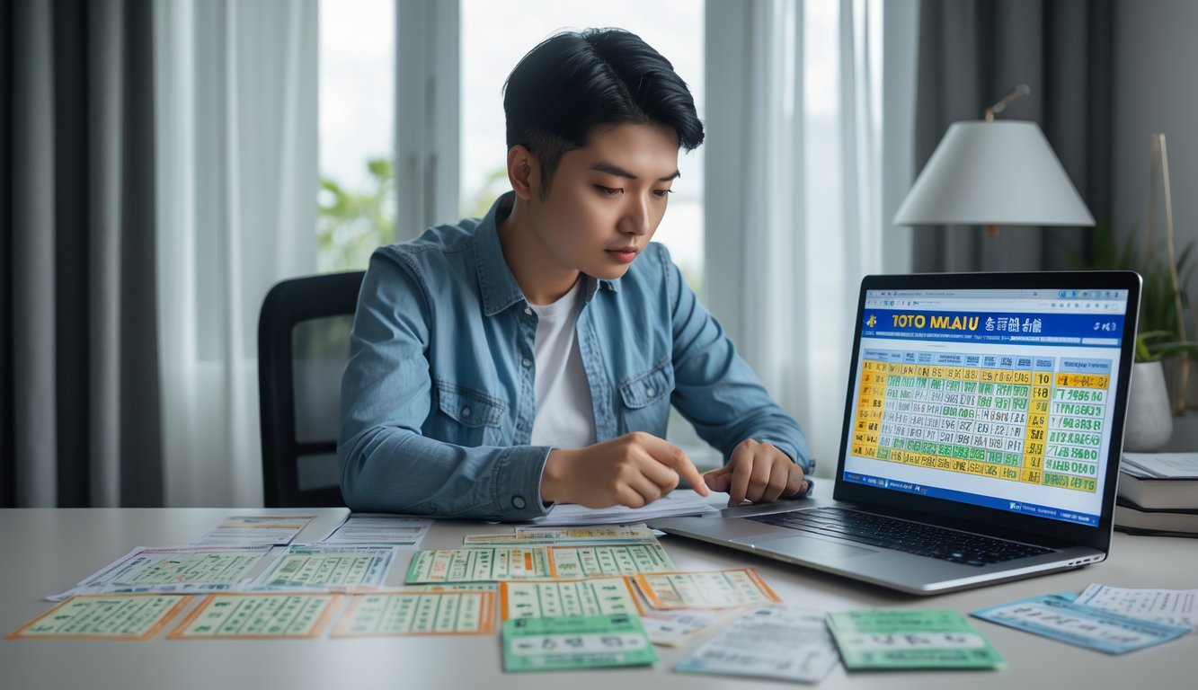 Seseorang yang fokus duduk di meja dengan tiket lotere, catatan, dan laptop, sedang mempelajari strategi Toto Macau.
