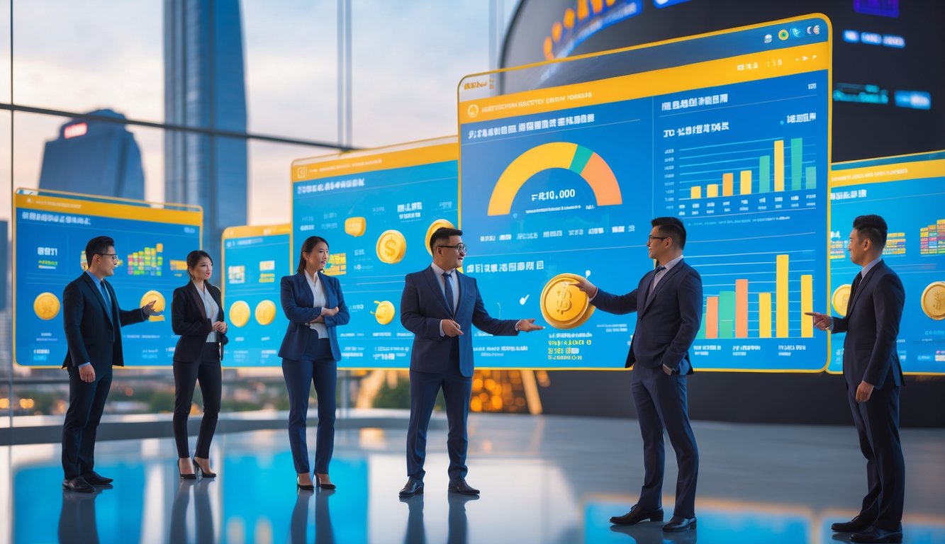 Beberapa profesional sedang berdiskusi di depan layar digital yang menampilkan grafik dan ikon hadiah besar dengan latar belakang pemandangan kota Macau.