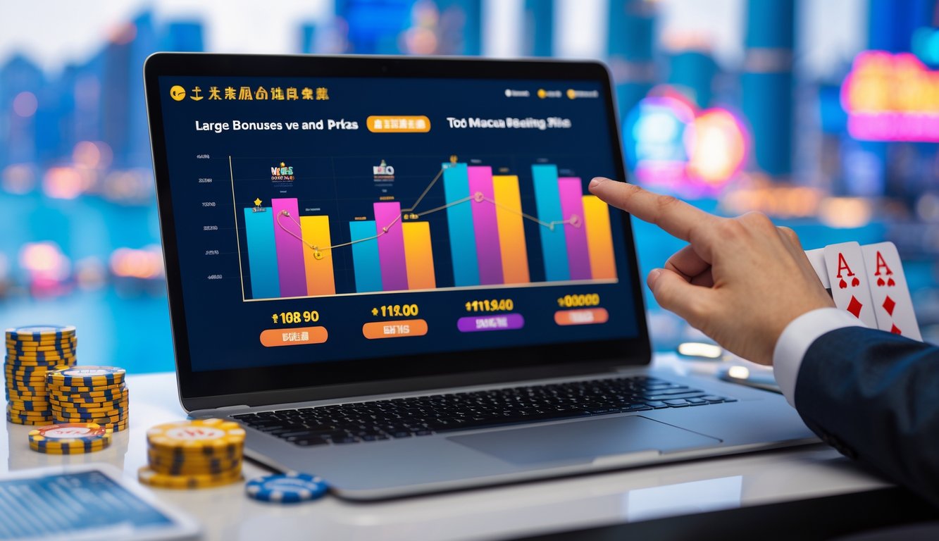 Seseorang menunjuk layar laptop yang menampilkan grafik dan penawaran bonus besar di situs taruhan Toto Macau populer.