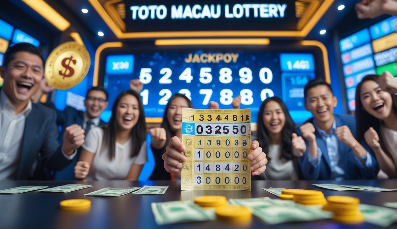 Orang-orang merayakan kemenangan lotere dengan tiket di tangan dan angka jackpot besar terlihat di latar belakang.