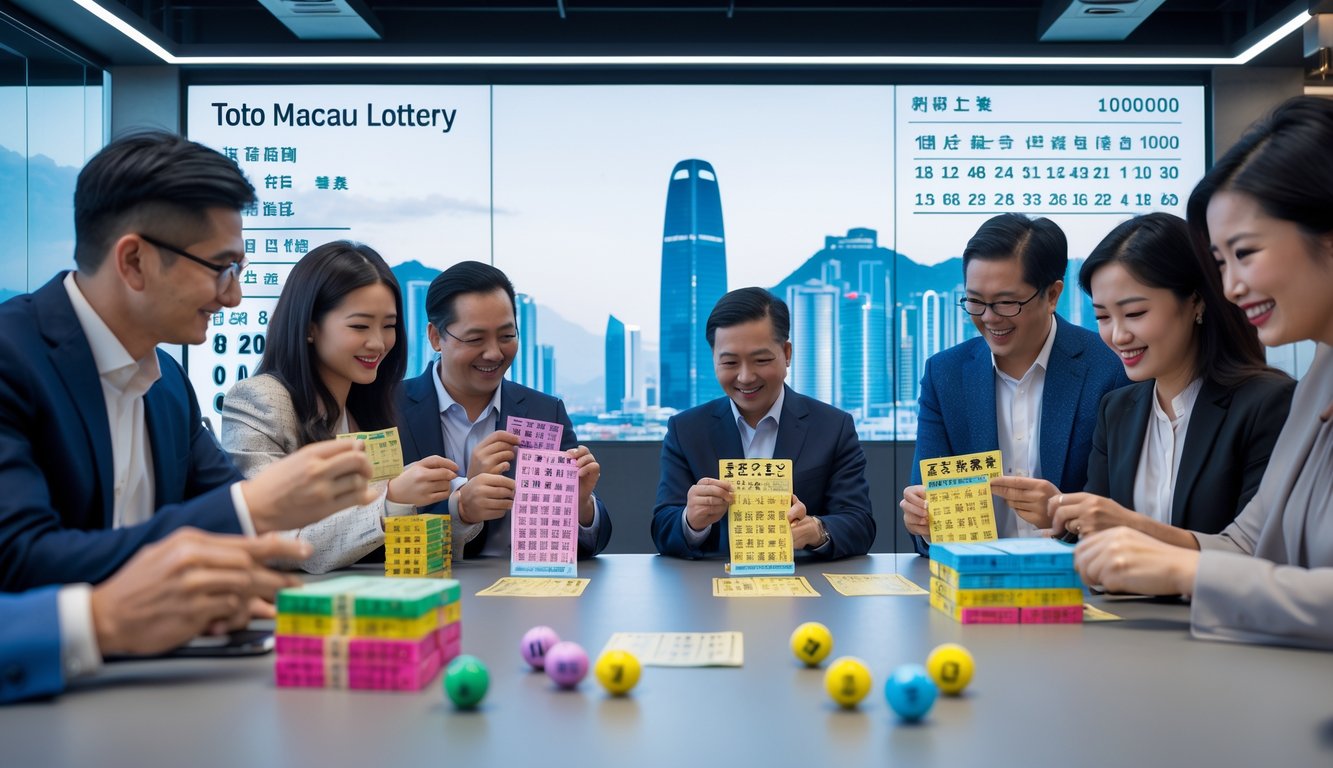 Orang-orang di kantor modern sedang bermain dan membahas tiket lotere Toto Macau dengan latar belakang pemandangan kota Macau.