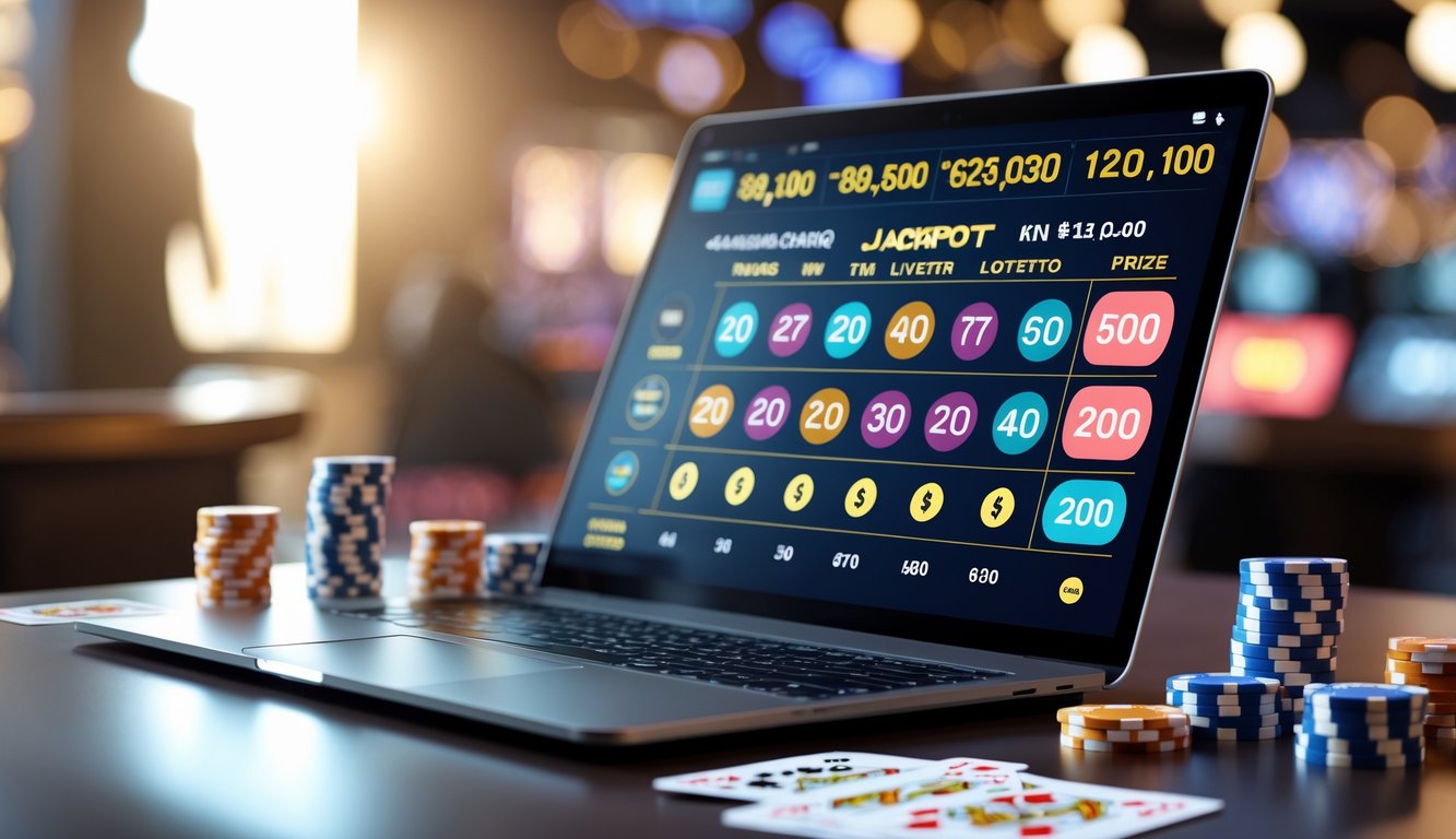 Suasana kasino modern dengan perangkat digital yang menampilkan angka jackpot, dikelilingi oleh kartu remi dan chip poker.