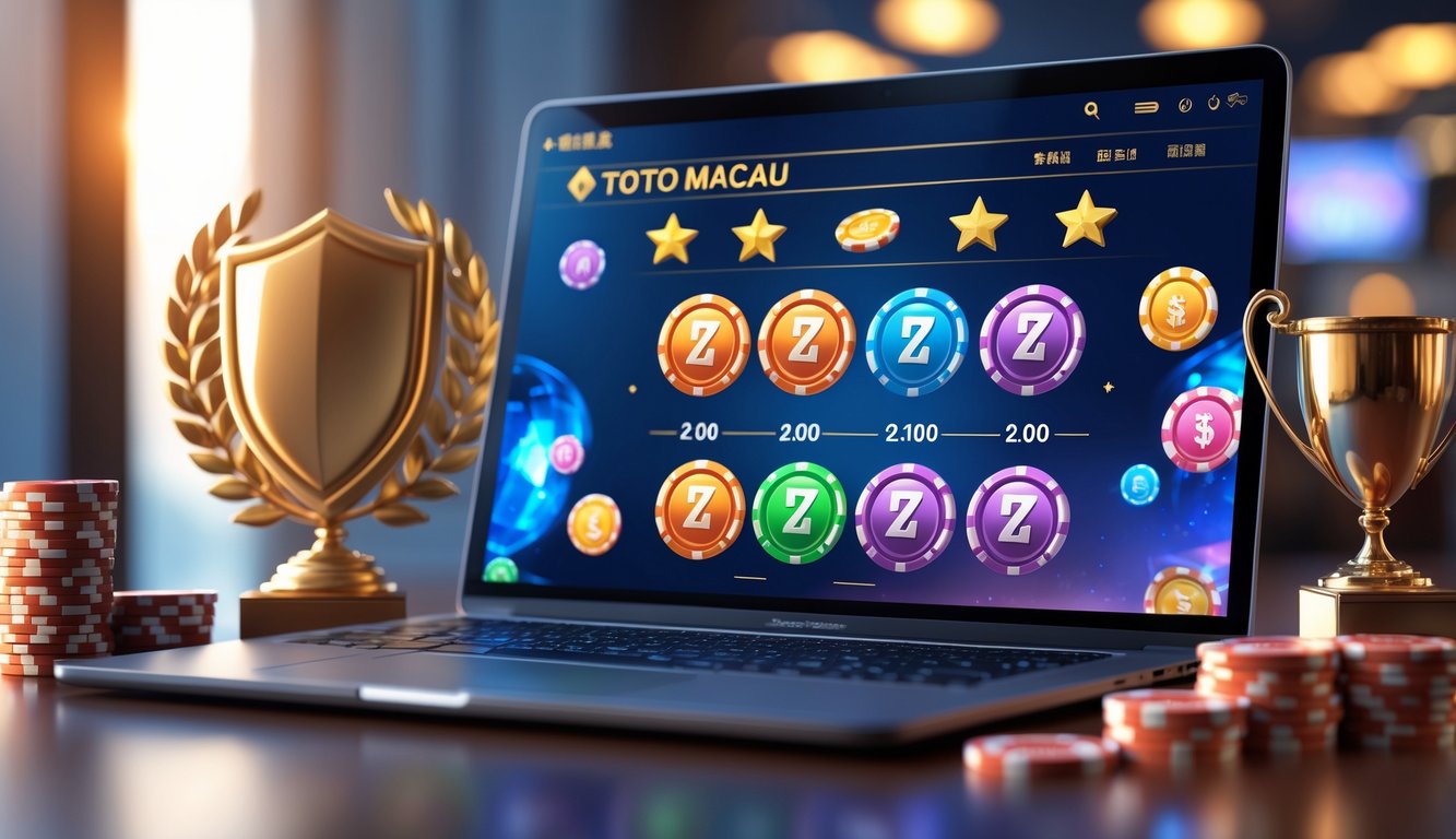 Sebuah komputer modern menampilkan antarmuka digital dengan ikon jackpot dan hadiah, dikelilingi oleh simbol keamanan dan chip kasino.