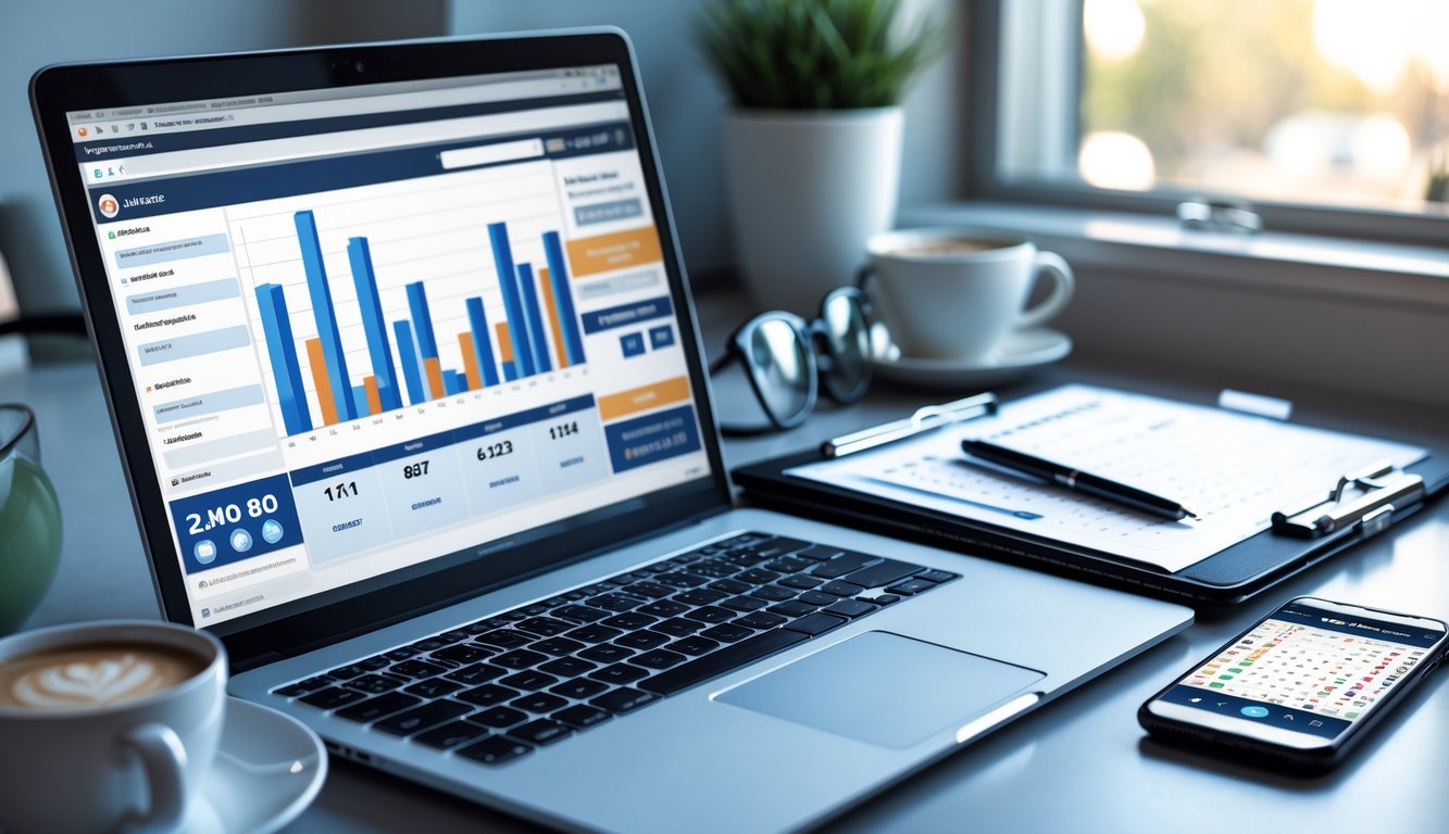 Meja kerja dengan laptop, clipboard berisi daftar periksa, dan ponsel yang menampilkan aplikasi lotere, dengan pencahayaan alami di ruangan yang rapi.