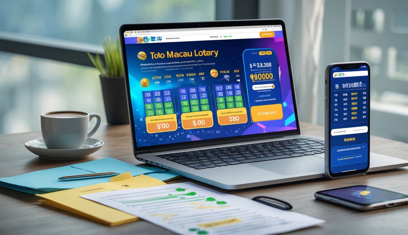 Meja kerja dengan laptop yang menampilkan data lotere Toto Macau, kertas checklist, dan ponsel, dengan pencahayaan alami dari jendela di latar belakang.
