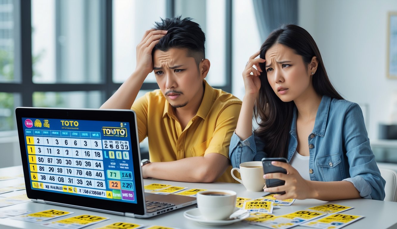 Seorang pria dan wanita duduk di meja dengan tiket lotere dan laptop, terlihat tegang dan fokus saat mencoba memenangkan hadiah besar di Toto Macau.