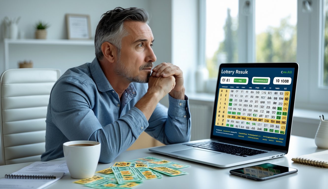 Seorang pria dewasa duduk di meja kerja dengan tiket lotre dan laptop, tampak fokus dan berpikir keras.