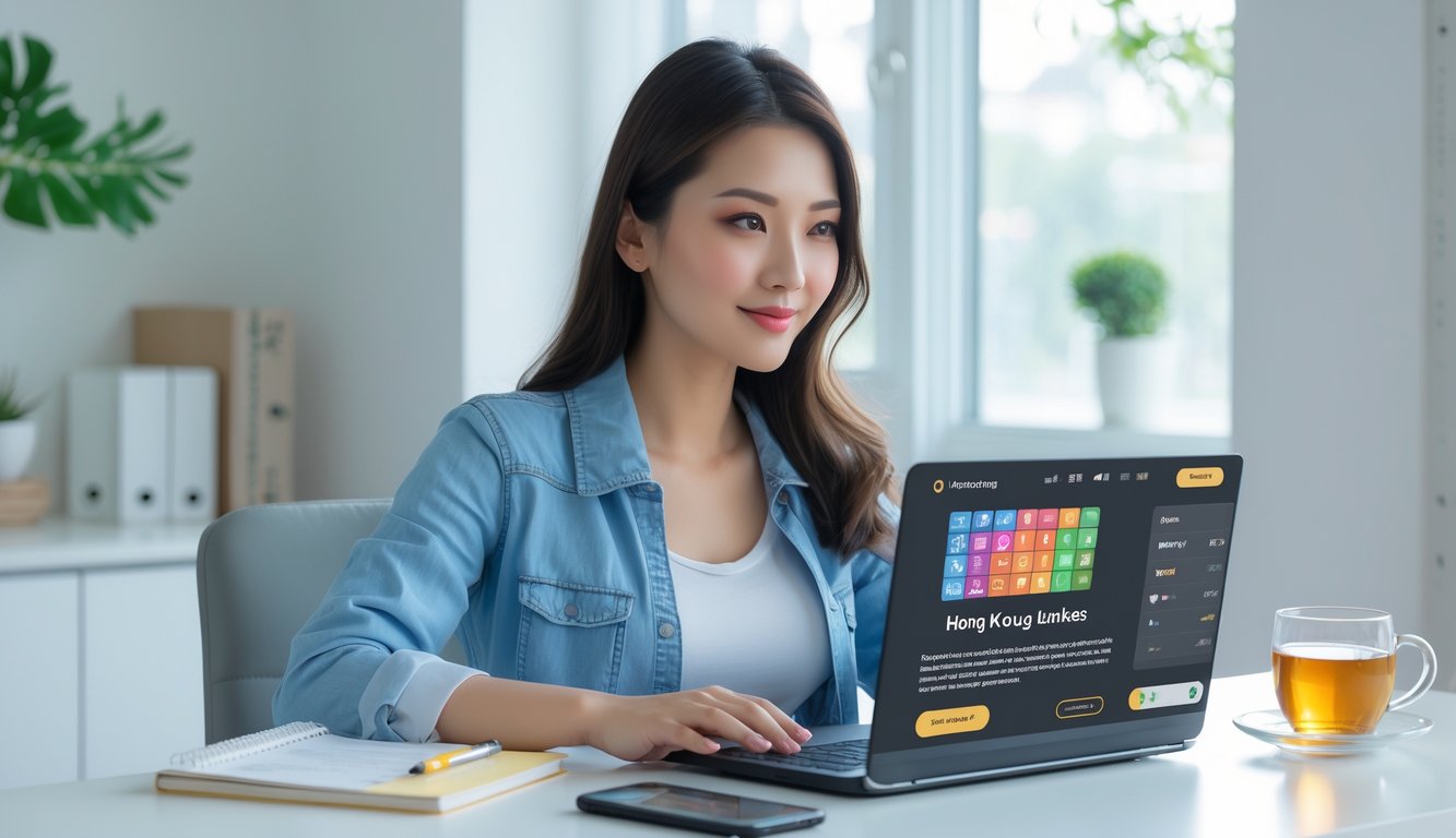 Seorang wanita muda duduk di meja kerja dengan laptop, fokus bermain judi togel online dengan suasana ruangan yang terang dan rapi.