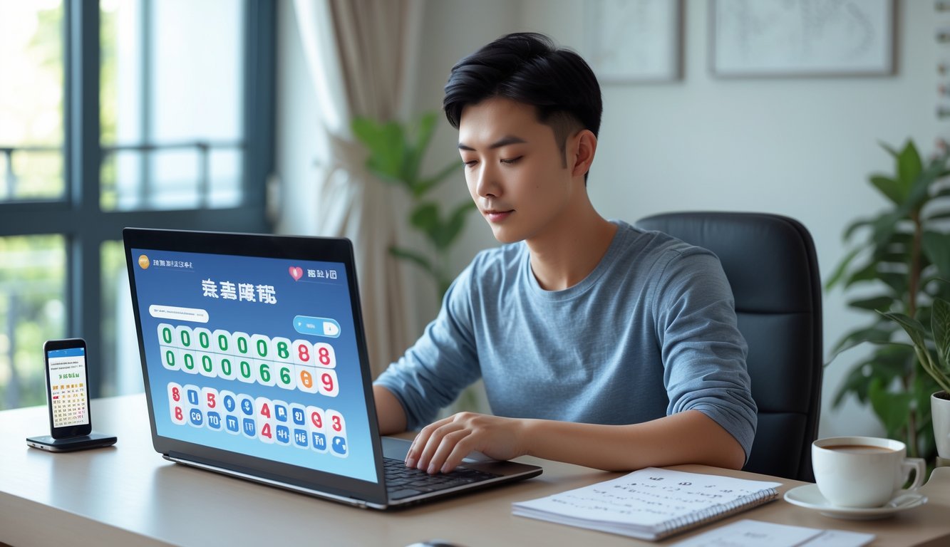 Seorang pria muda duduk di meja dengan laptop dan smartphone, fokus bermain judi togel online di rumah yang nyaman.