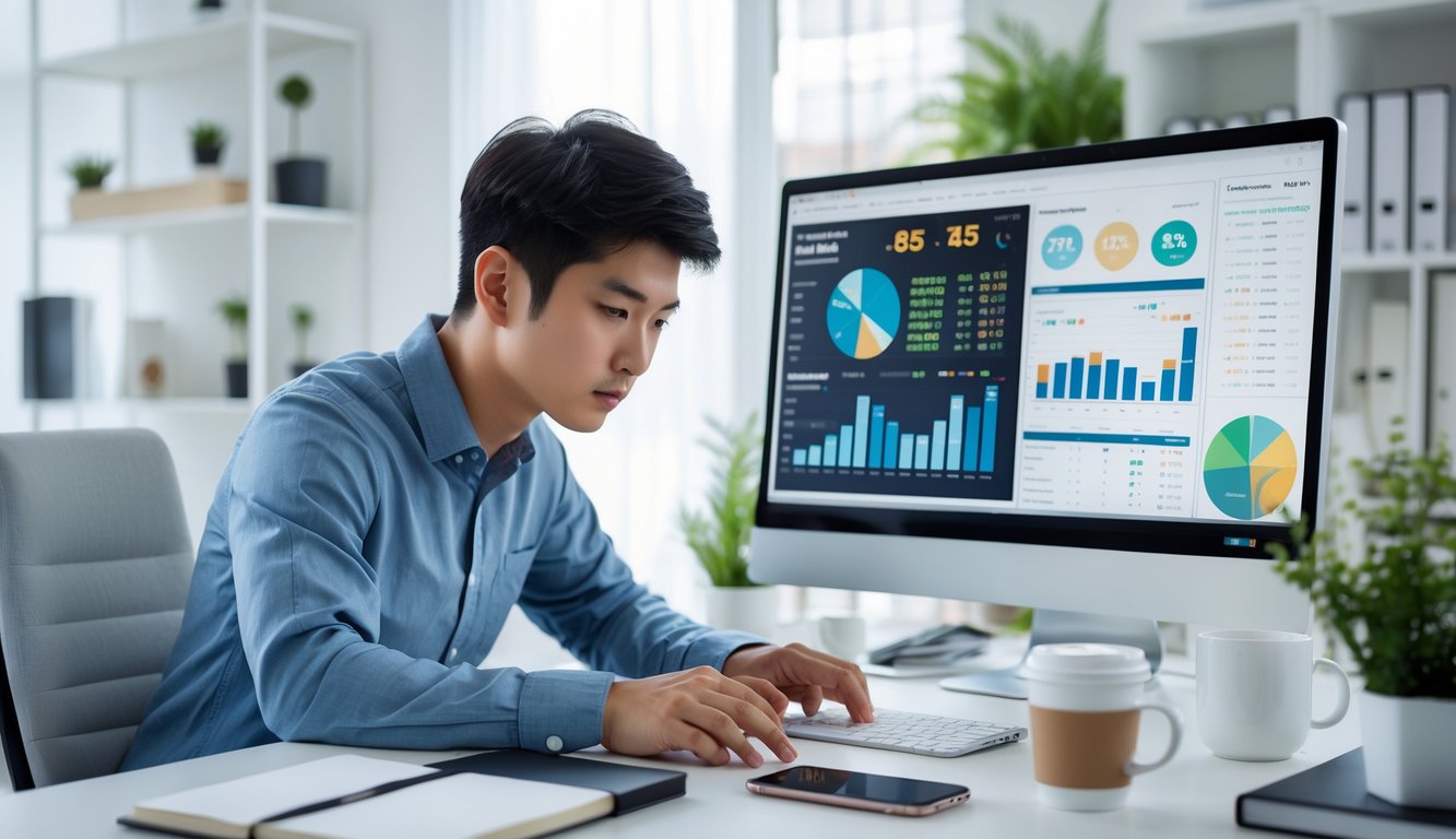Seorang pria muda Asia duduk di meja kerja modern sambil menganalisis data di layar komputer dengan grafik dan angka, di ruang kantor rumah yang rapi.