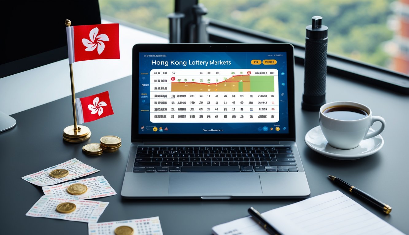 Seorang profesional menggunakan laptop dengan grafik dan angka terkait prediksi pasaran togel Hongkong di meja kerja yang rapi dengan latar miniatur kota Hongkong dan tiket lotere.