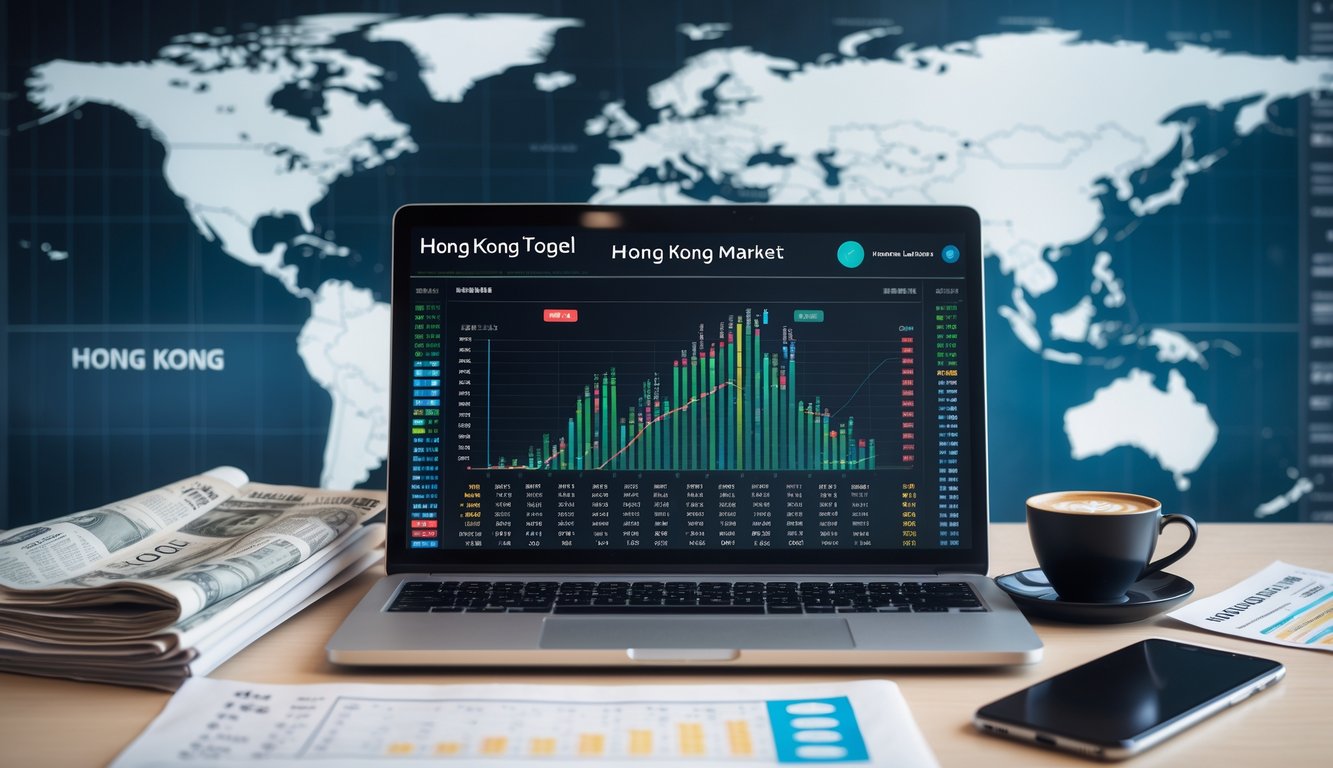 Meja kerja modern dengan laptop menampilkan angka togel dan grafik prediksi, ponsel dengan grafik, koran keuangan, dan peta dunia yang menyorot Hong Kong.