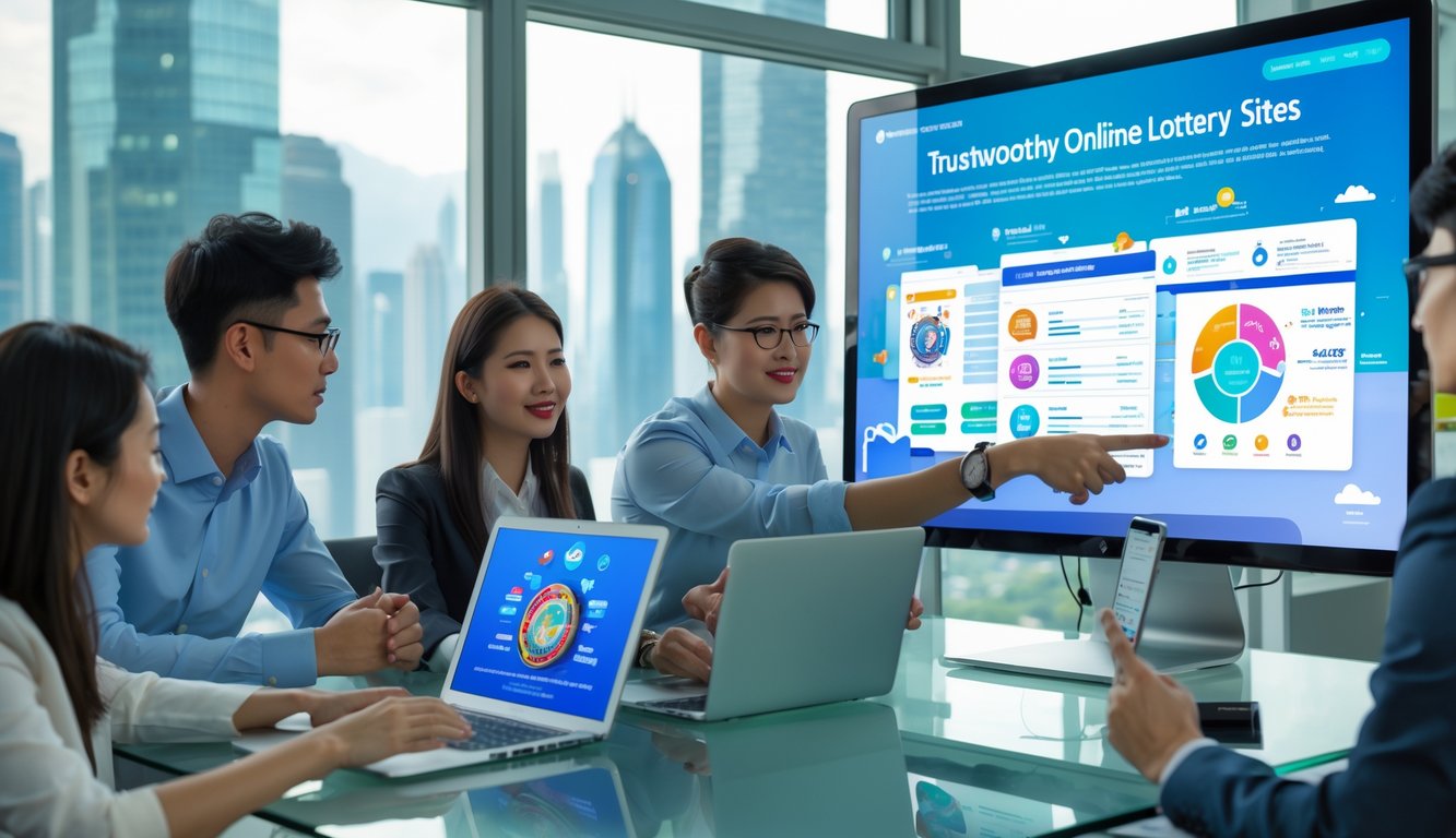 Sekelompok profesional muda sedang berdiskusi di kantor modern dengan laptop dan perangkat digital, memeriksa data terkait situs togel online terpercaya dengan latar belakang pemandangan kota Hong Kong.