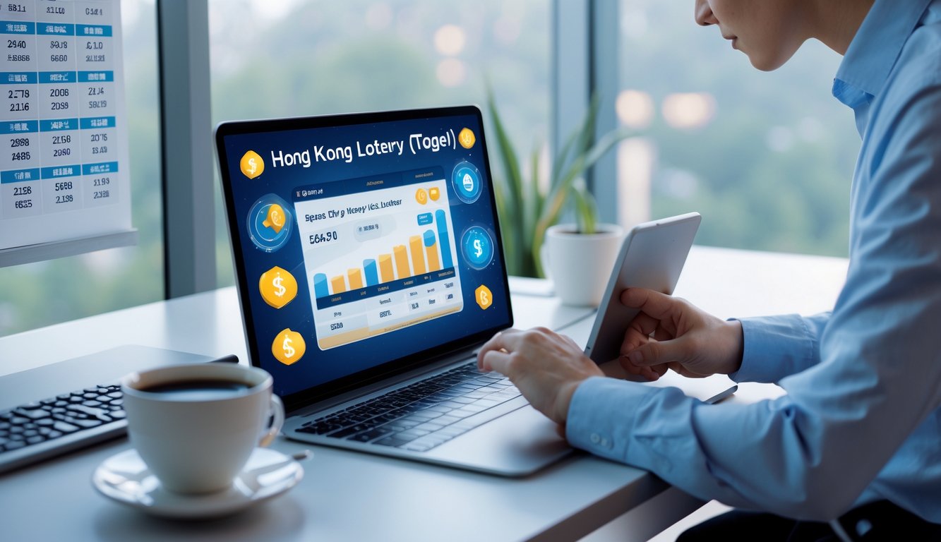 Seseorang sedang bekerja dengan laptop dan tablet di meja, memperlihatkan suasana kerja yang fokus dan terpercaya terkait lotere online Hongkong.