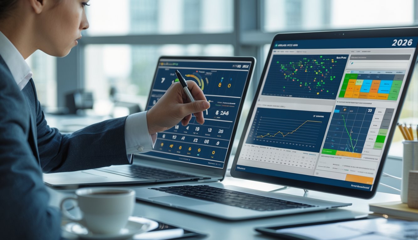 Seorang profesional sedang menganalisis data angka pada layar komputer di ruang kantor yang terang dan rapi.
