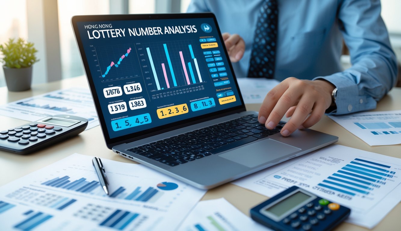 Seseorang sedang menganalisis data angka togel Hongkong 2026 di meja kerja dengan laptop, kertas, dan kalkulator.