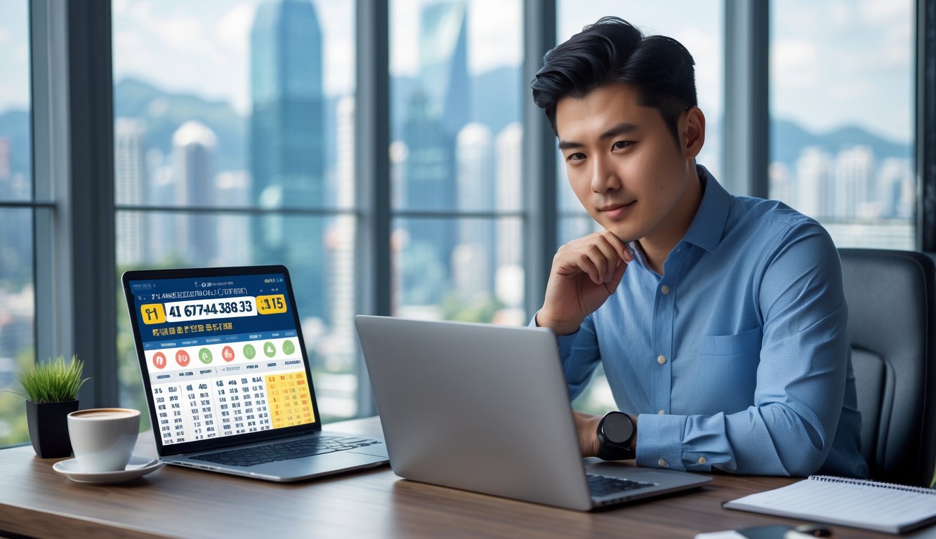 Seorang pria muda duduk di meja kerja dengan beberapa perangkat digital yang menampilkan angka dan grafik togel Hongkong, di dalam ruangan kantor rumah dengan pemandangan kota di belakangnya.