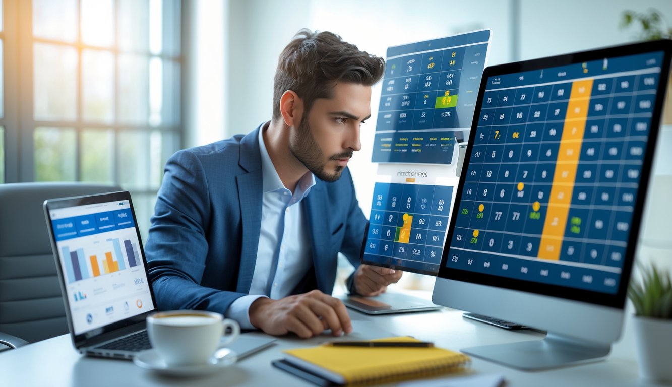 Seorang pria fokus melihat layar komputer dengan grafik dan angka prediksi togel di meja kerja yang rapi.