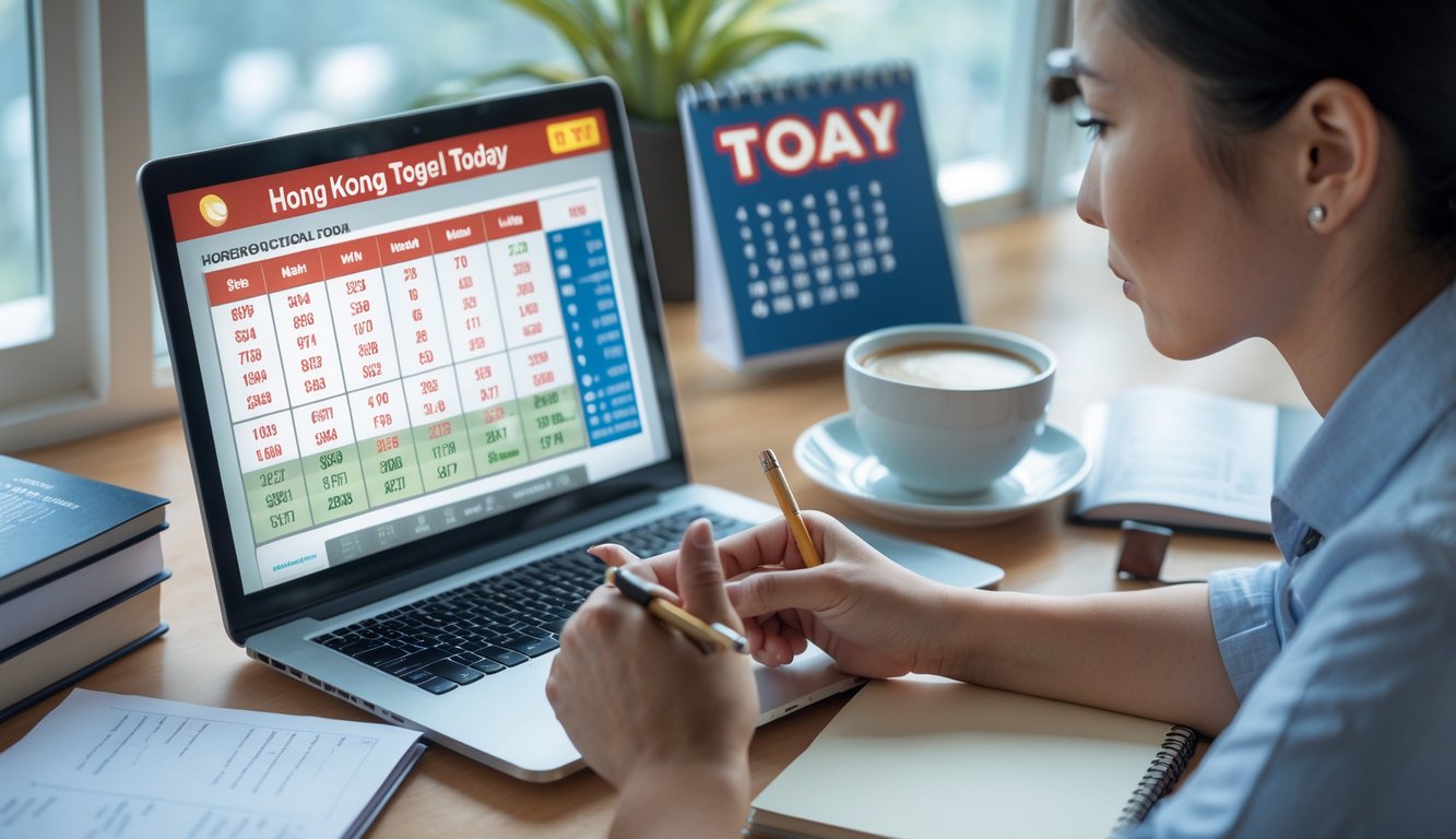 Seseorang sedang fokus menganalisis data prediksi togel Hongkong hari ini di sebuah ruang kerja modern.
