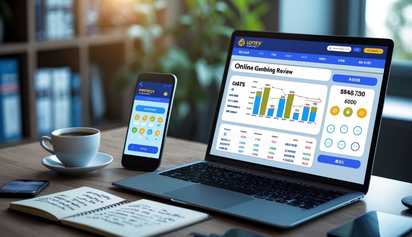 Seorang profesional bekerja di meja dengan laptop, smartphone, dan catatan, meninjau situs togel online Hongkong terpercaya.