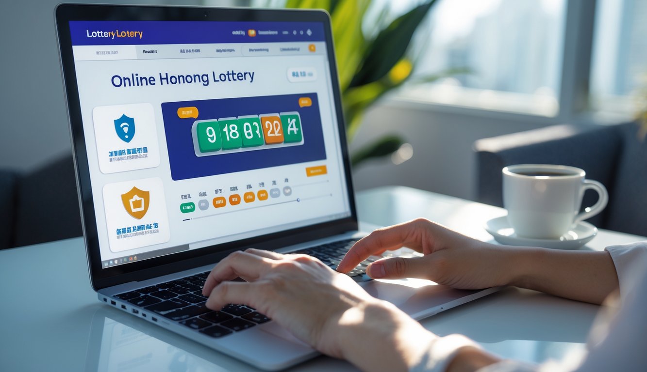 Meja kerja modern dengan laptop yang menampilkan situs togel online, tangan seseorang sedang mengetik, dan secangkir kopi di sampingnya.