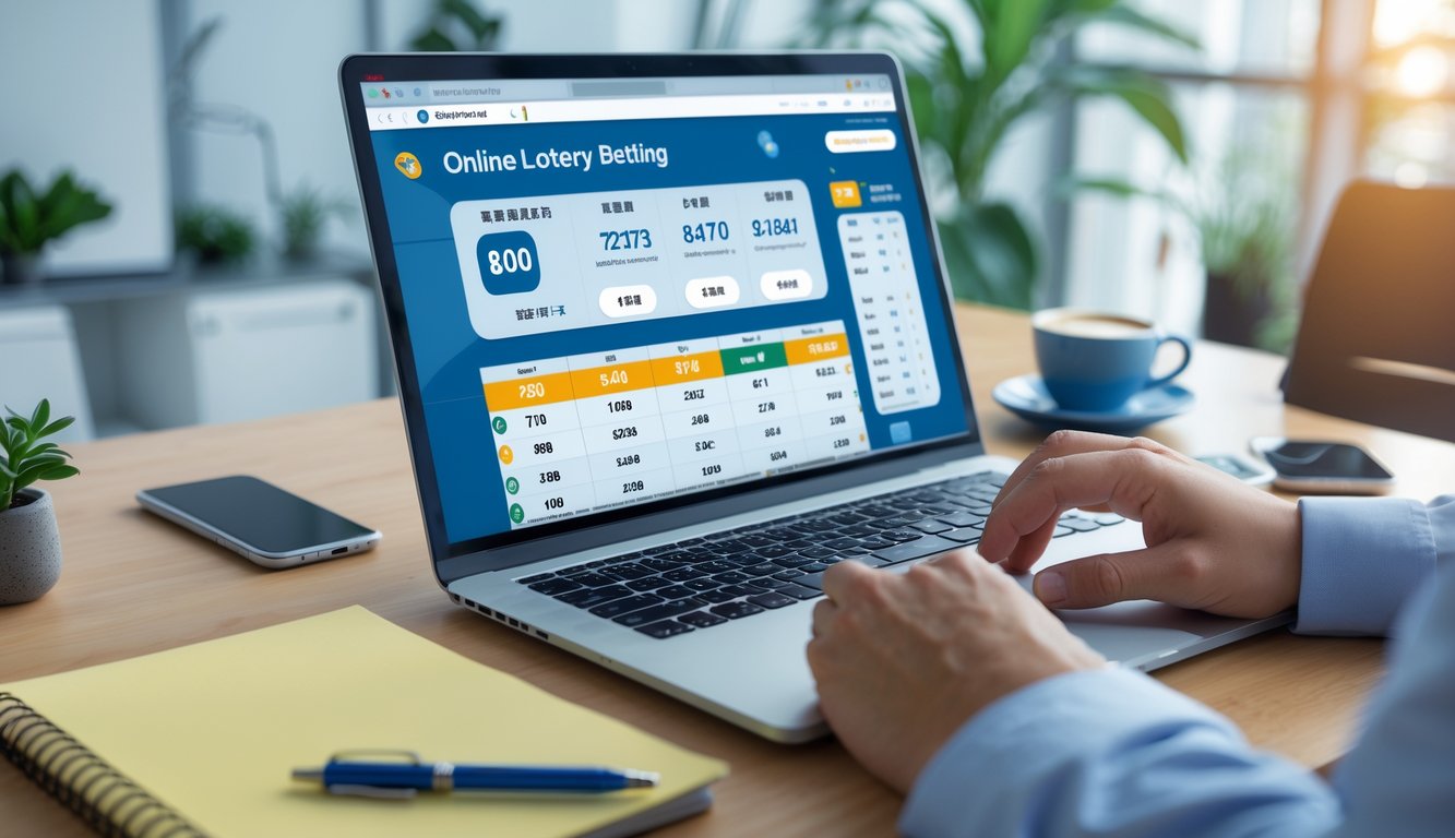 Seseorang sedang menggunakan laptop dan mencatat di meja kerja dengan alat tulis dan ponsel, fokus pada perhitungan dan pemasangan taruhan togel online.