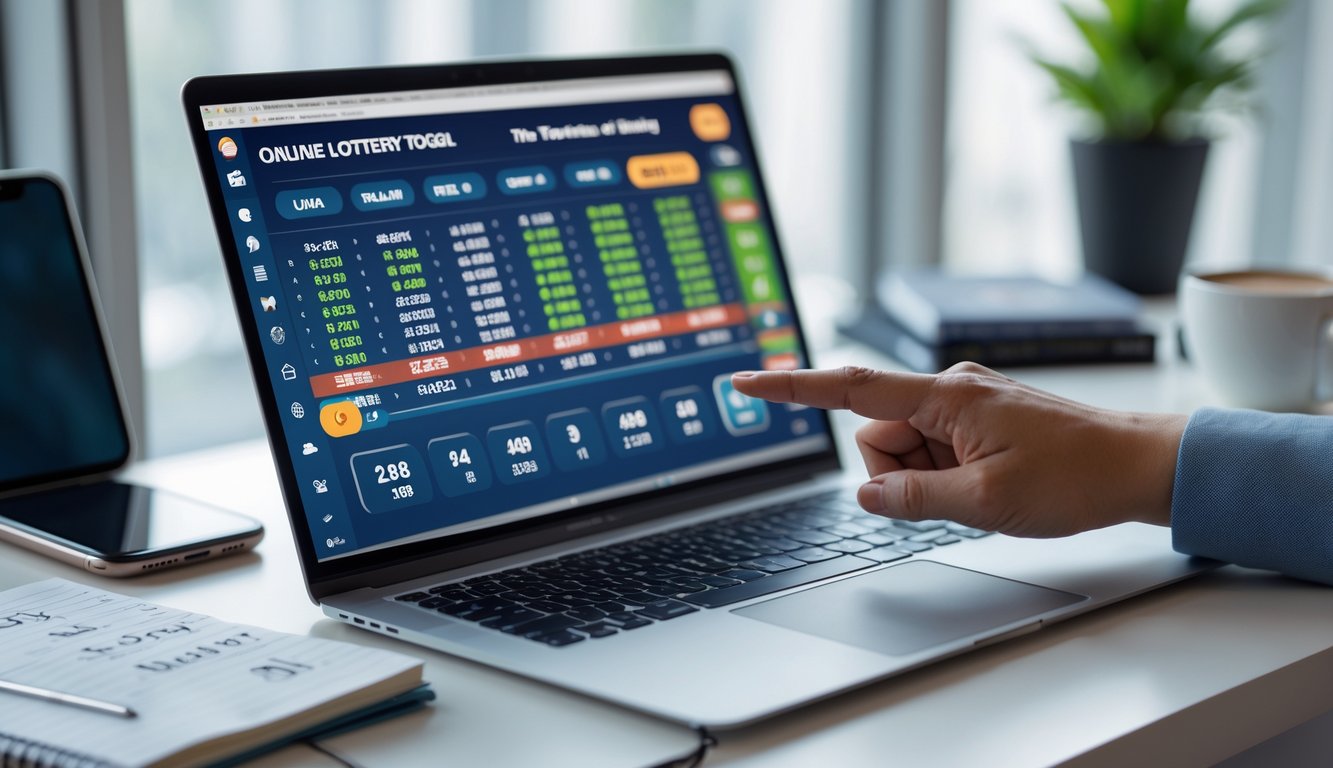 Seseorang sedang menggunakan laptop di meja kerja dengan catatan dan telepon di sampingnya, tampak sedang menghitung dan memasang taruhan togel online.