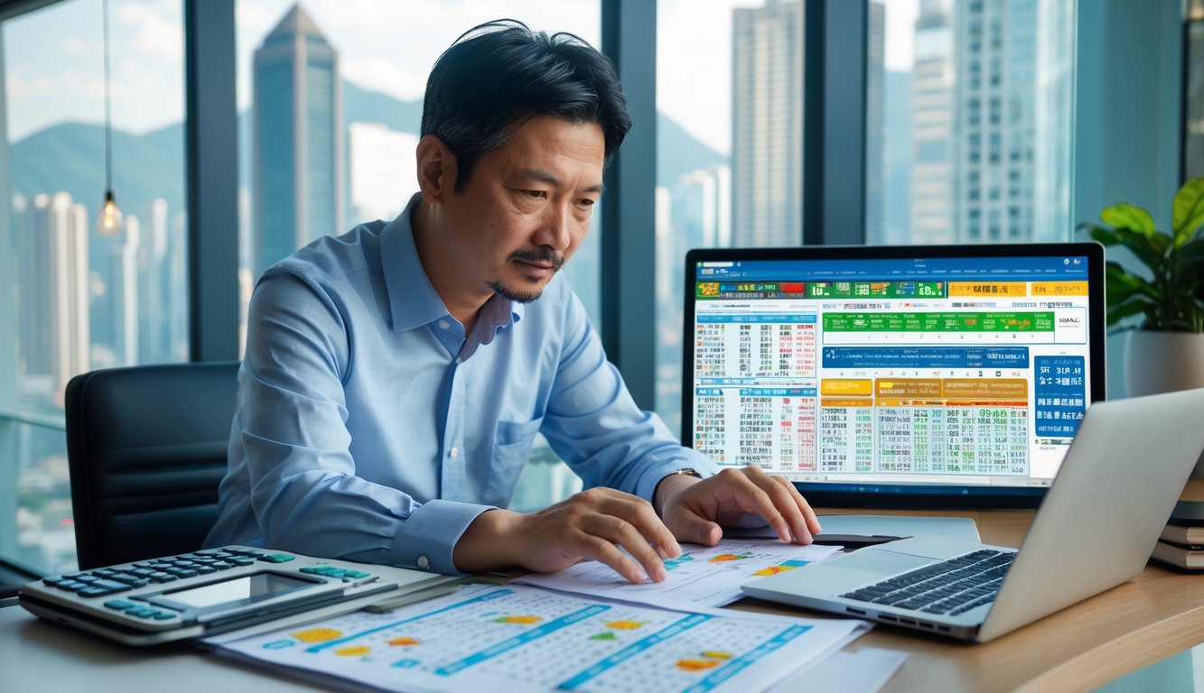 Seorang pria Asia dewasa duduk di meja kantor modern sambil menganalisis data keuangan dan tiket lotre dengan latar pemandangan kota Hong Kong.
