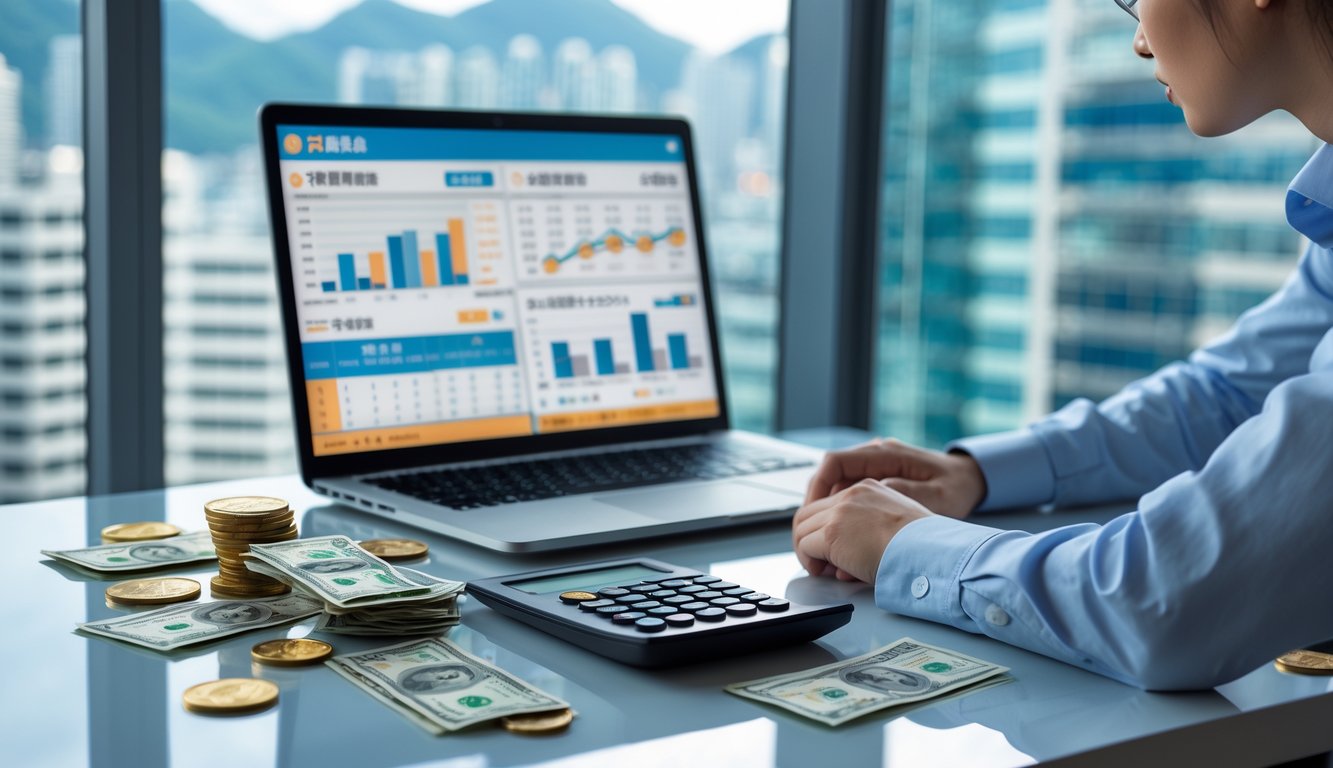 Seorang profesional duduk di meja kerja dengan laptop, kalkulator, dan uang, sedang menganalisis data keuangan di ruang kantor dengan pemandangan kota Hong Kong di latar belakang.