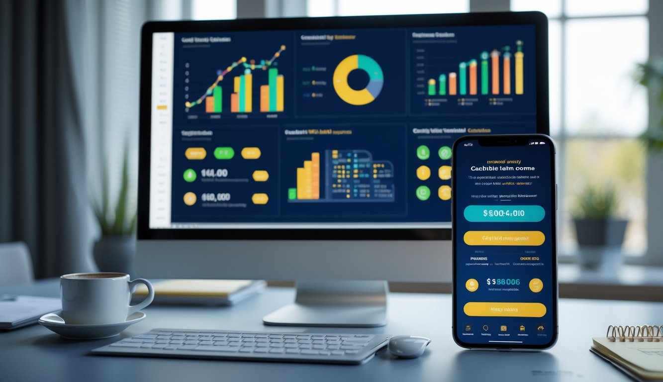 Meja kerja modern dengan komputer dan ponsel yang menampilkan aktivitas terkait togel online dan cashback.