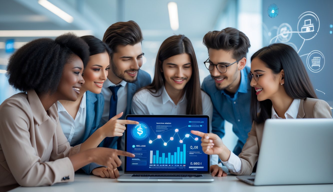 Sekelompok orang muda sedang berdiskusi di sekitar laptop di kantor modern yang terang dan rapi.