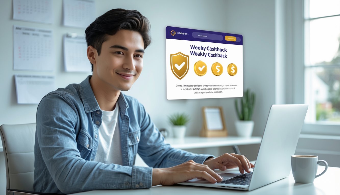 Seorang dewasa muda duduk di meja dengan laptop di ruang kerja yang terang dan rapi, tampak percaya diri dan puas menggunakan situs togel online resmi dengan penawaran cashback mingguan.