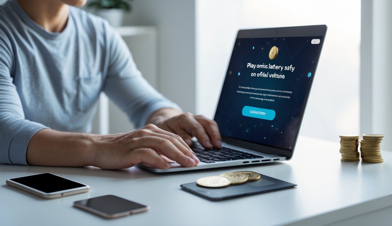 Seseorang menggunakan laptop di meja kerja modern dengan suasana terang untuk bermain togel online dengan aman.