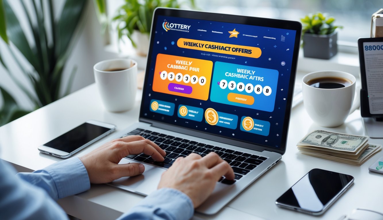 Meja kerja dengan laptop menampilkan situs togel online dan tangan seseorang sedang mengetik, di samping ada ponsel dengan notifikasi cashback, cangkir kopi, dan perlengkapan kantor lainnya.