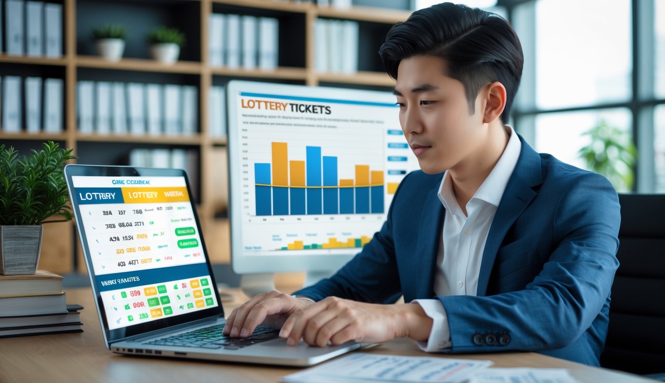 Seorang pria muda sedang duduk di meja kerja, memeriksa tiket lotre dan grafik keuangan di layar laptop dalam suasana kantor yang rapi.
