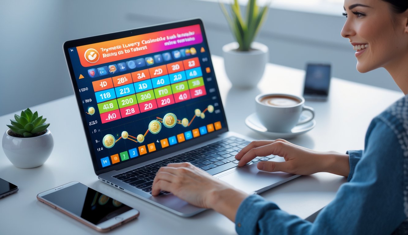 Seseorang sedang menggunakan laptop di meja kerja dengan tampilan antarmuka permainan lotre online yang berwarna-warni, di sekitar meja terdapat cangkir kopi dan tanaman kecil.