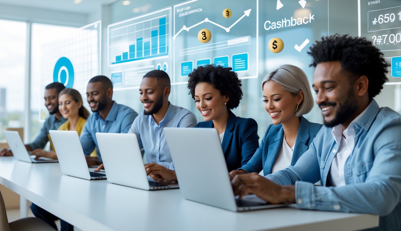 Sekelompok orang menggunakan laptop dan ponsel di ruangan terang dengan grafik digital dan elemen lotere di latar belakang.