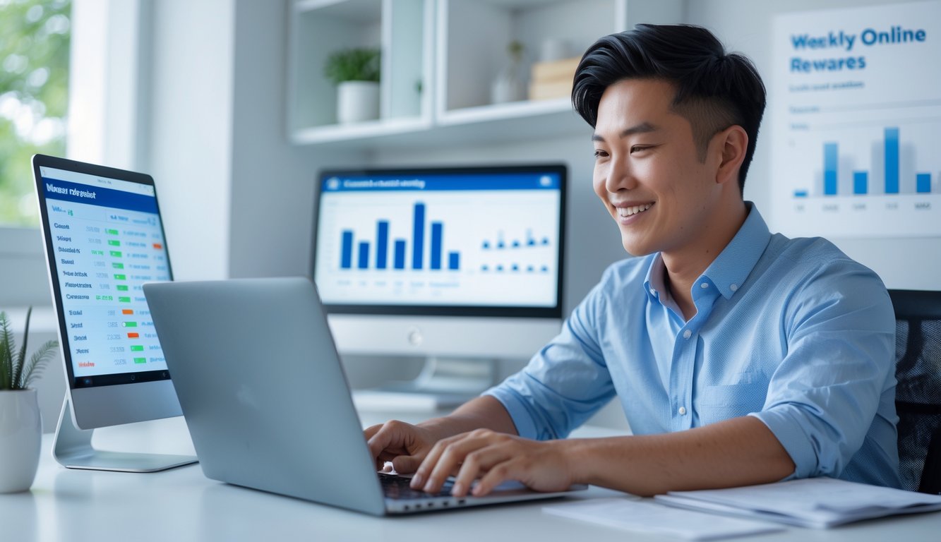 Seorang pria muda tersenyum duduk di meja dengan laptop dan ponsel, melihat data keuangan di ruang kerja modern.