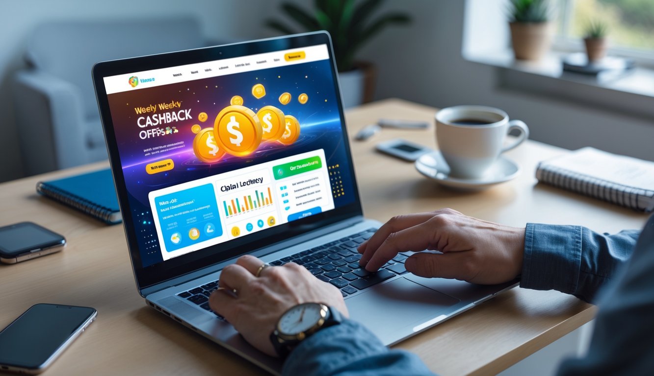 Seorang pengguna sedang menggunakan laptop di meja kerja dengan tampilan situs togel online di layar, dikelilingi oleh cangkir kopi, buku catatan, dan ponsel.