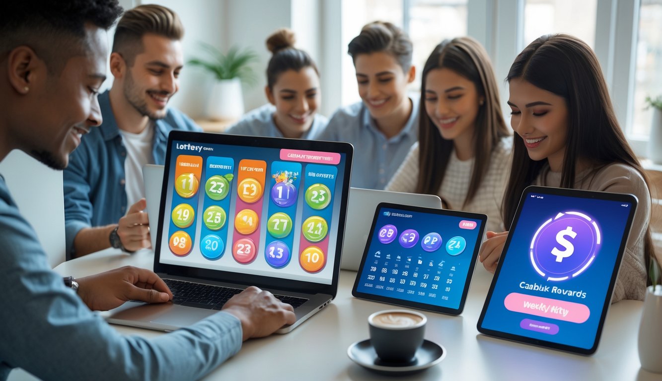 Beberapa orang muda menggunakan laptop dan ponsel di ruang kerja rumah, terlihat senang dan fokus pada permainan lotere online dengan suasana cerah dan nyaman.