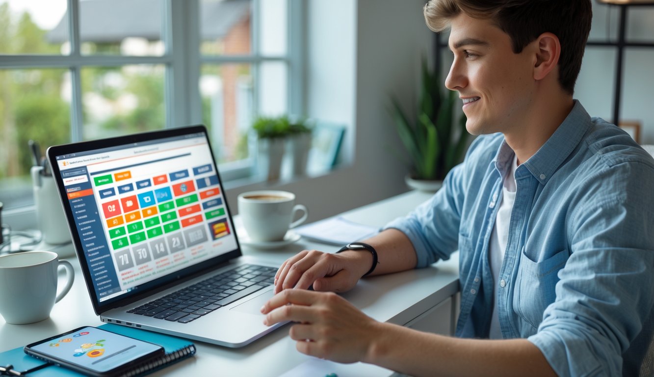 Seorang dewasa muda sedang menggunakan laptop di ruang kerja rumah yang terang, terlihat fokus dan optimis dengan suasana nyaman dan rapi.