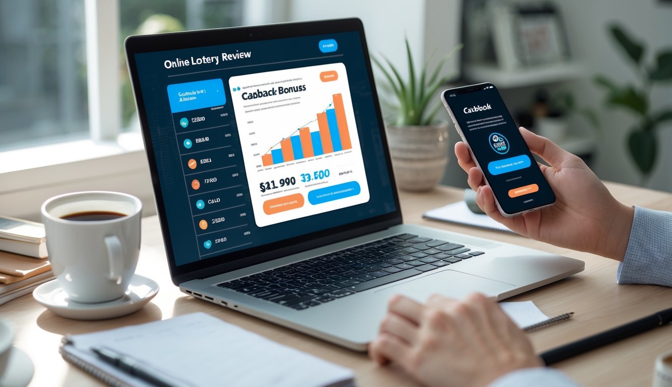 Seseorang menggunakan laptop dan ponsel di meja kerja dengan peralatan kantor dan secangkir kopi.