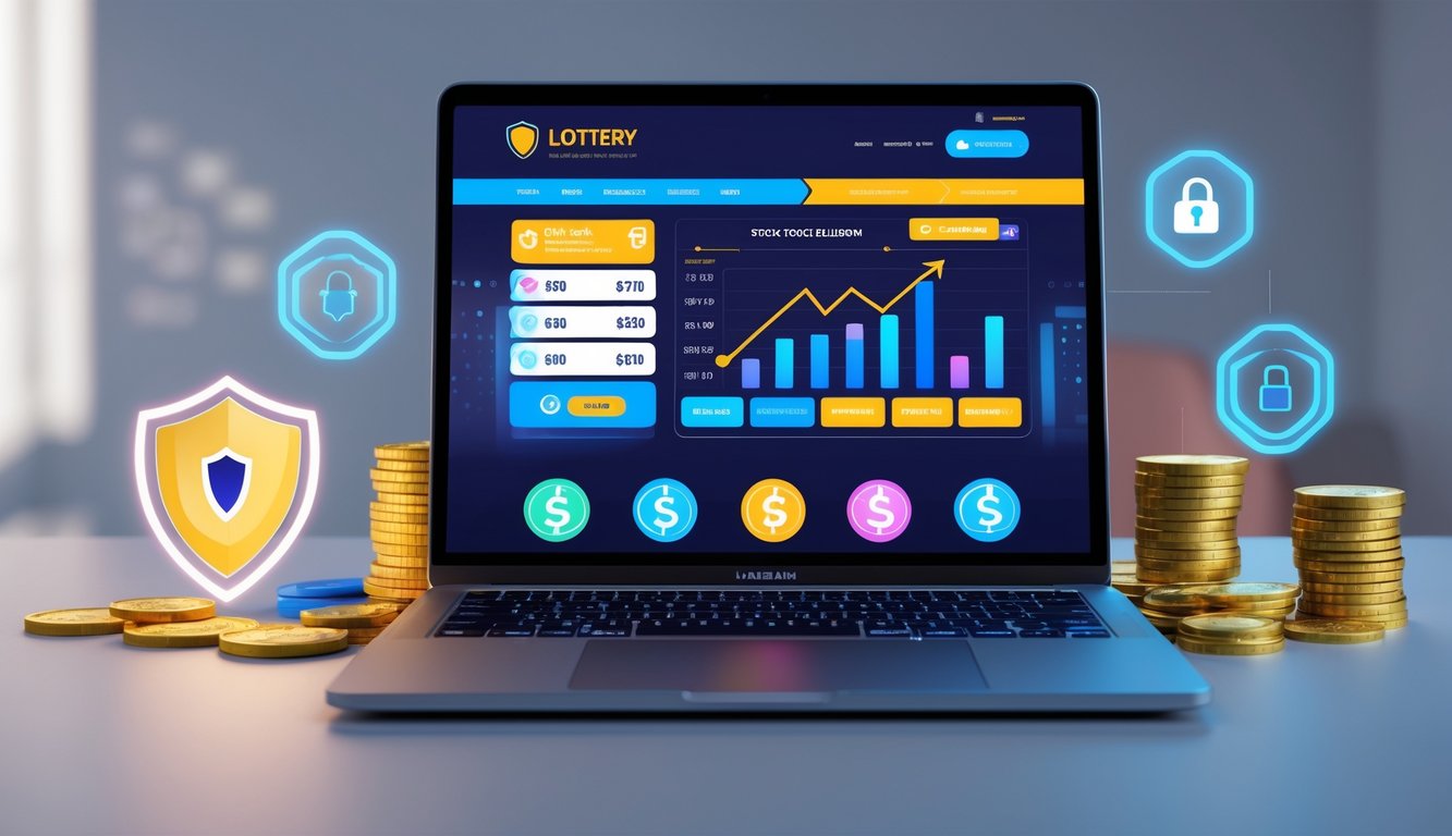 Seorang pengguna bekerja dengan laptop yang menampilkan situs togel online dengan simbol keamanan dan uang di meja.