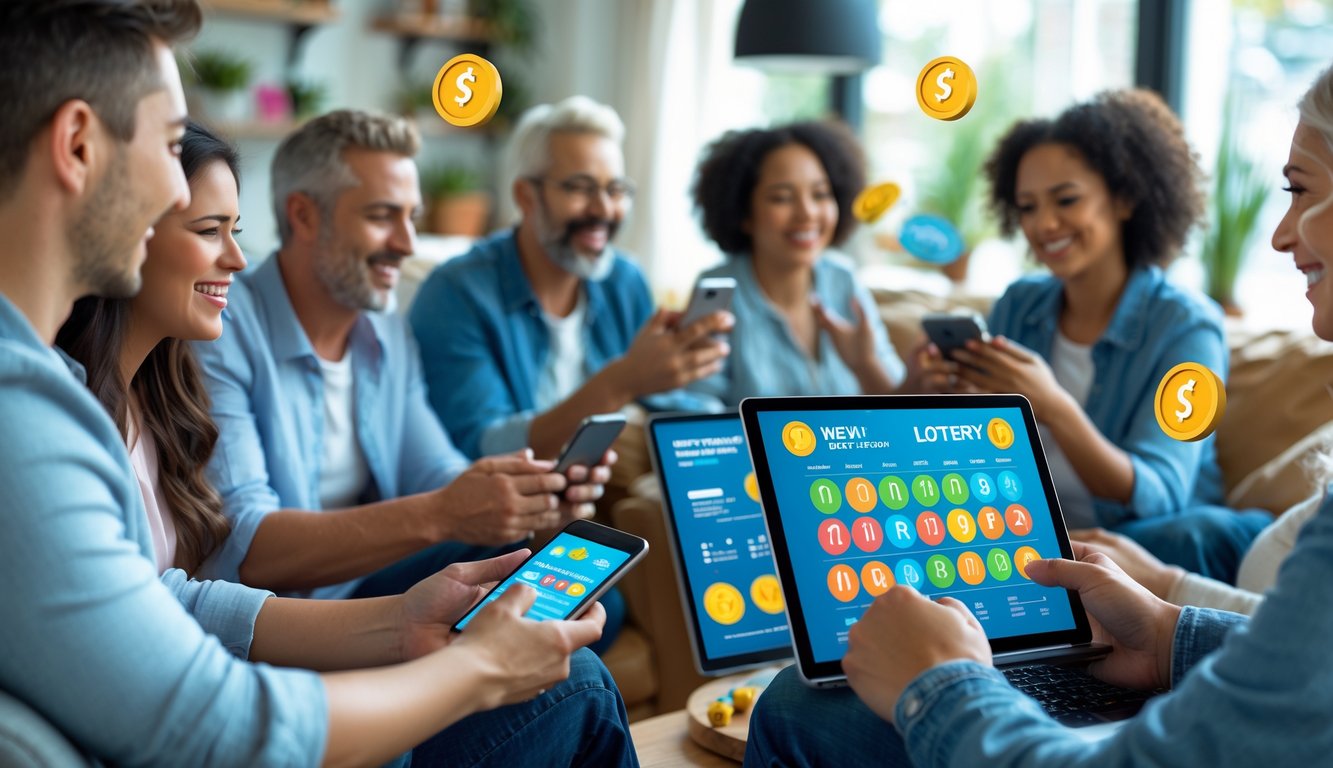 Sekelompok orang menggunakan perangkat digital di ruangan modern, terlihat antusias bermain togel online dengan suasana ceria.