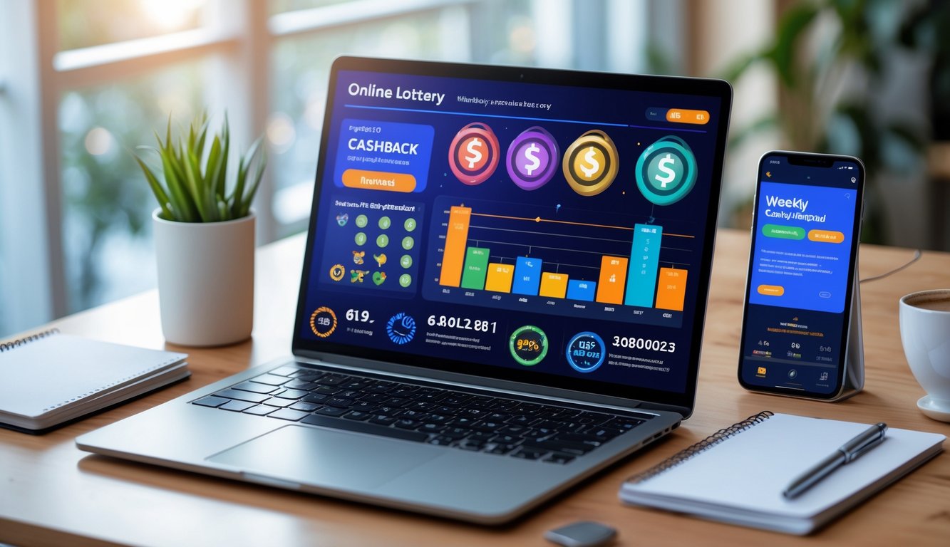 Sebuah ruang kerja modern dengan laptop yang menampilkan dashboard permainan togel online dan smartphone yang menunjukkan pemberitahuan cashback mingguan.