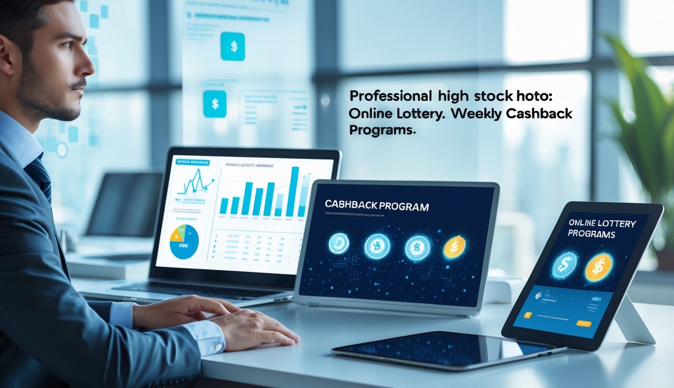 Seorang pebisnis duduk di meja kerja dengan perangkat digital yang menampilkan grafik dan ikon terkait transaksi online.