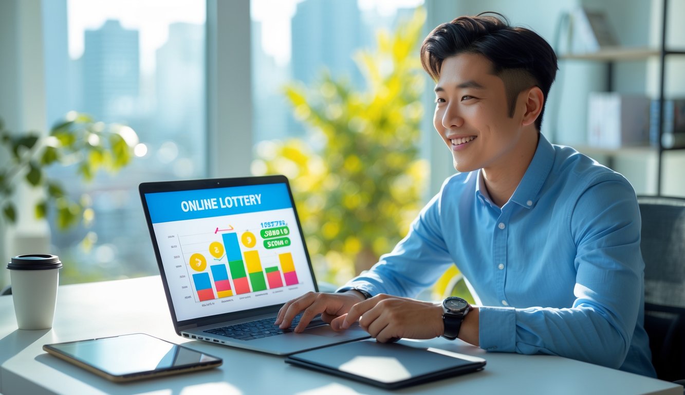 Seorang pria muda duduk di meja dengan laptop dan grafik keuangan, terlihat senang dan fokus di ruang kerja dengan pemandangan kota di belakangnya.